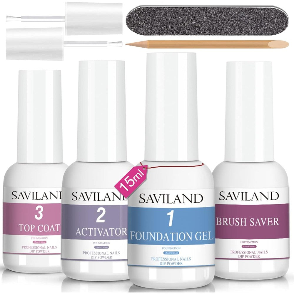 Saviland dipping powder liquid set front view showing four fifteen milliliter bottles