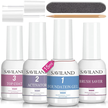 Saviland dipping powder liquid set front view showing four fifteen milliliter bottles