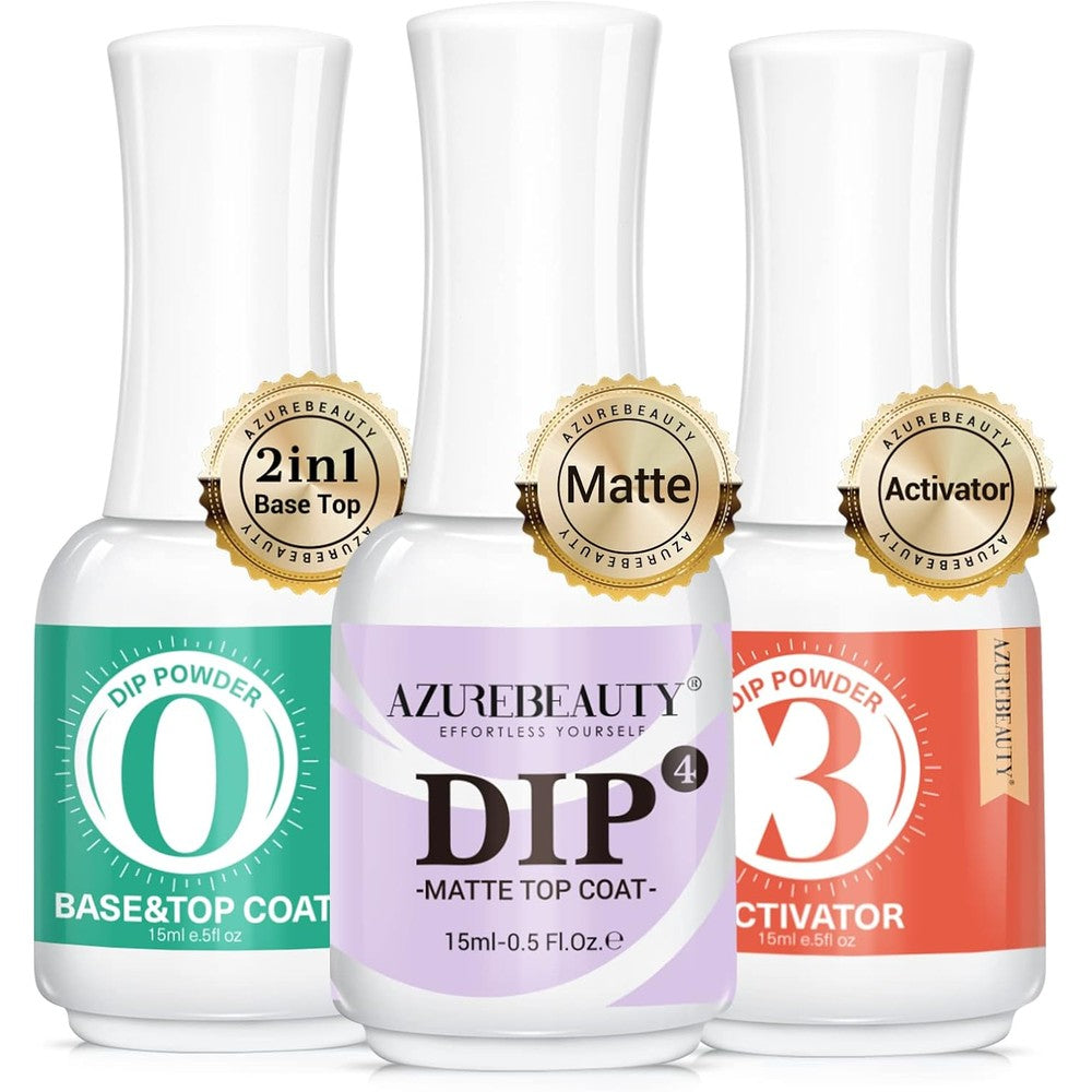 AZUREBEAUTY Dip Powder Liquid Set front view showing three fifteen milliliter bottles of professional nail essentials.