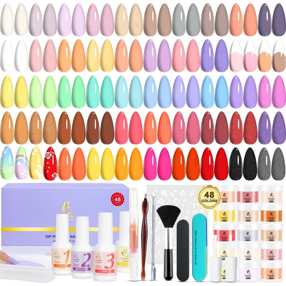 Lavender Violets 62 Piece Dip Powder Nail Kit packaging showing all forty eight color powder jars and essential manicure liquids front view