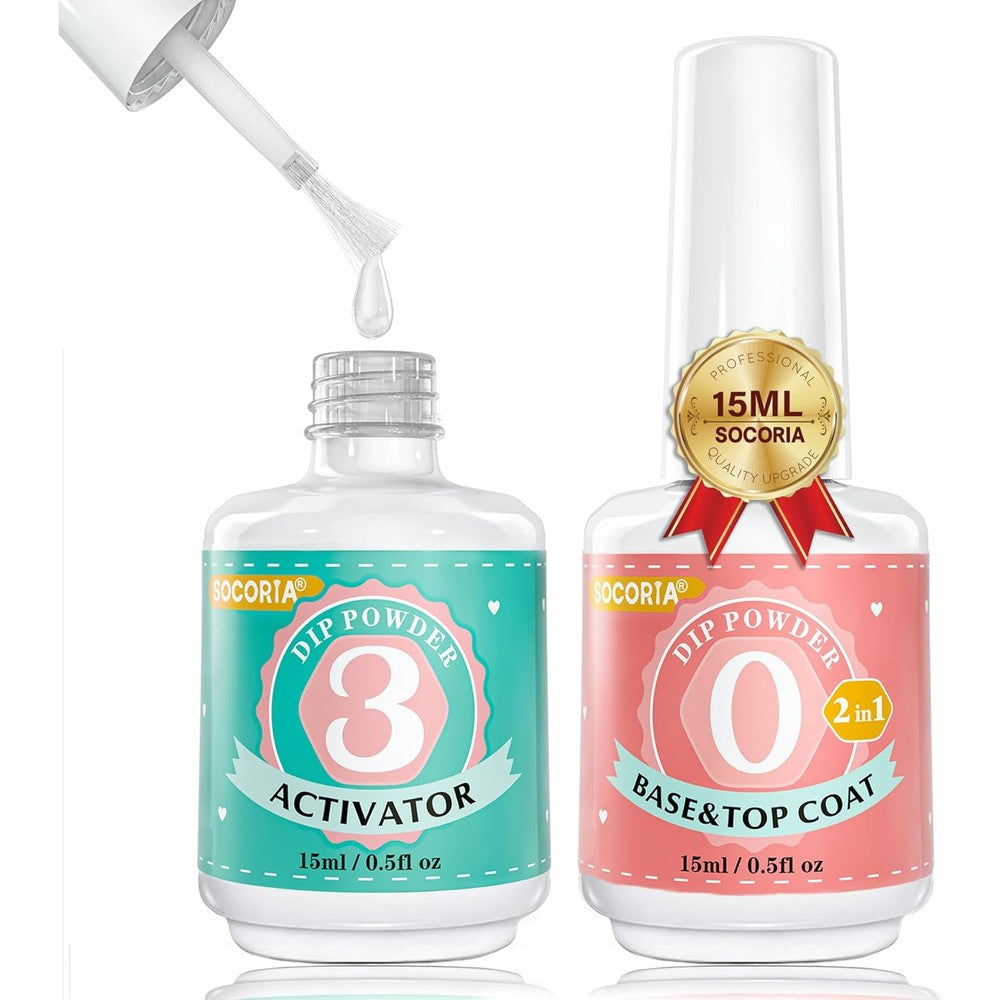 SOCORIA Dip Powder Liquid Set front view showing the base top coat and activator bottles for home manicures