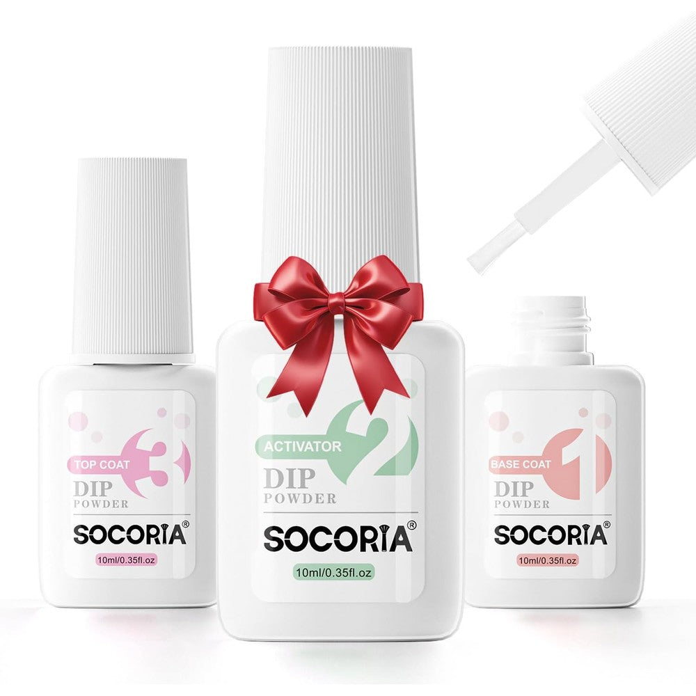 SOCORIA dip powder liquid set three piece front view showing base activator and top coat bottles on an e-commerce background
