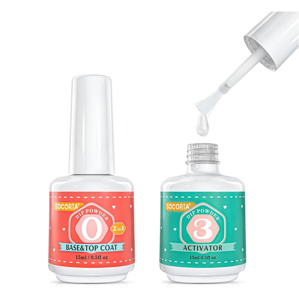 SOCORIA dip powder liquid set front view showing the base top coat and activator bottles for home manicures