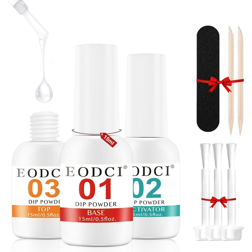 EODCI dip powder liquid essential set showing three fifteen milliliter bottles front view