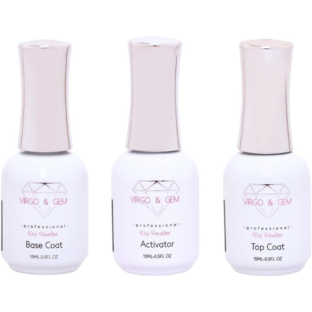 Virgo and Gem three piece dipping powder liquid set front view showing base activator and top coat bottles