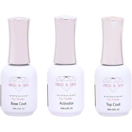 Virgo and Gem three piece dipping powder liquid set front view showing base activator and top coat bottles