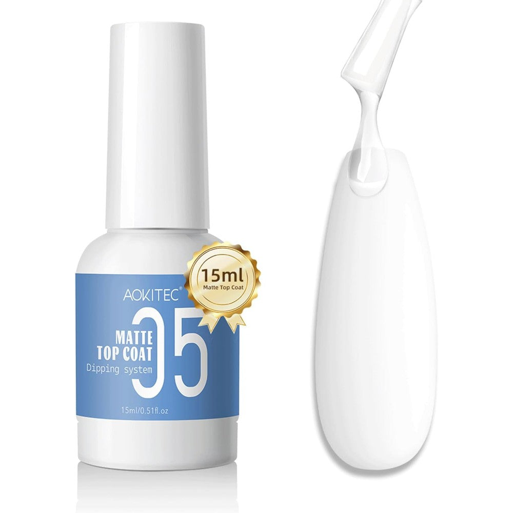 Aokitec Matte Dip Top Coat 15ml white bottle with blue labeling front view for professional matte manicures.