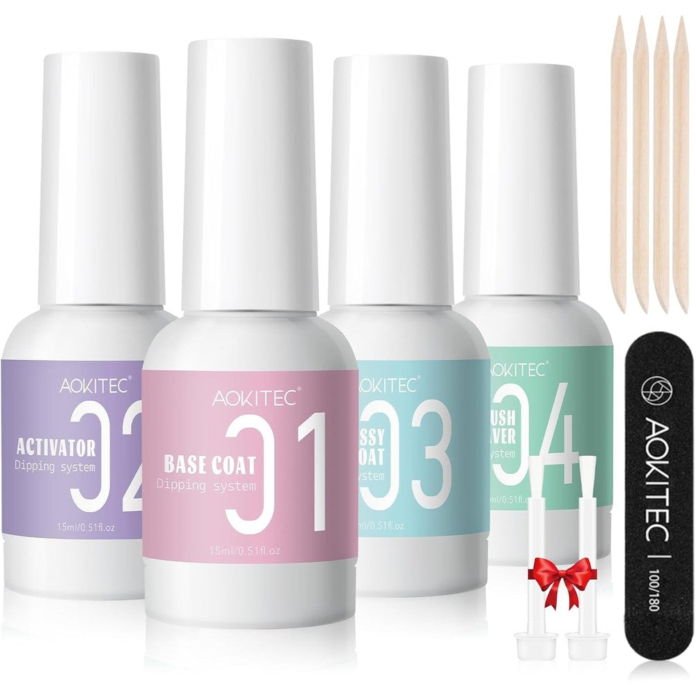 Aokitec dip powder liquid set front view showing four essential application bottles