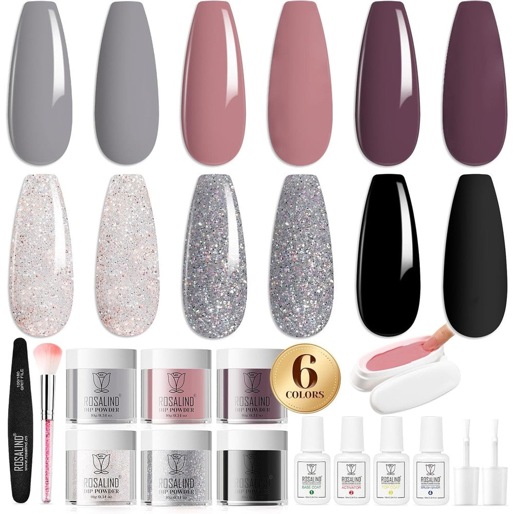 ROSALIND 13 Pieces Dipping Powder System Nail Set front view showcasing six colorful powder jars and liquid bottles.