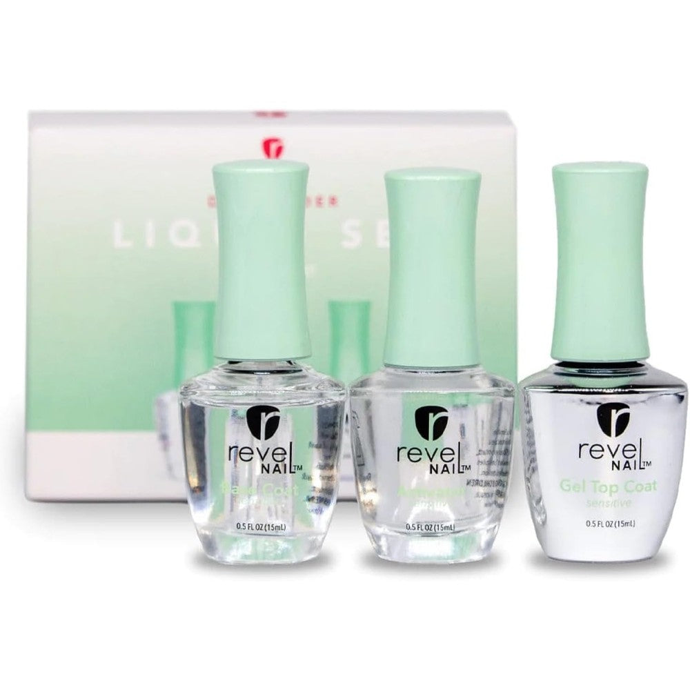 Revel Nail Sensitive Dip Powder Liquid Set bottles front view for professional manicures
