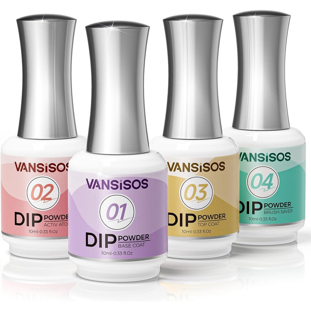 Vansisos Dip Powder Liquid Set front view of four essential bottles for professional manicures.