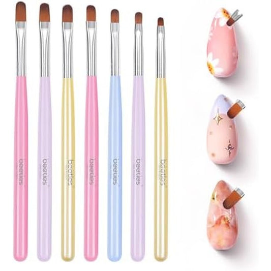 Beetles Gel Polish UV Gel Nail Brush 7 Count set showing the premium wooden handles and nylon bristles in a front view arrangement.