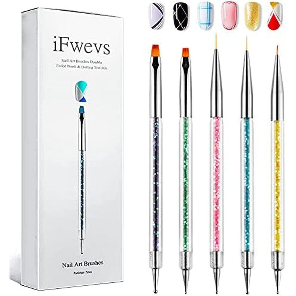 iFwevs nail art liner brushes five piece kit showing the front view of all double ended tools on a clean background.