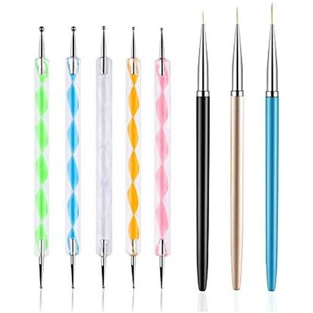 FULINJOY Professional Nail Art Design Tool Kit featuring five dotting pens and three liner brushes laid out in a row.