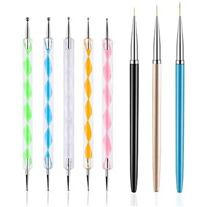 FULINJOY Professional Nail Art Design Tool Kit featuring five dotting pens and three liner brushes laid out in a row.