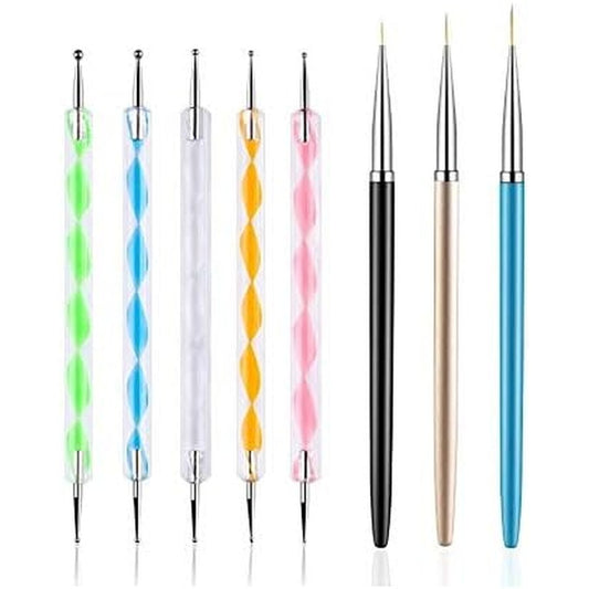 FULINJOY Professional Nail Art Design Tool Kit featuring five dotting pens and three liner brushes laid out in a row.