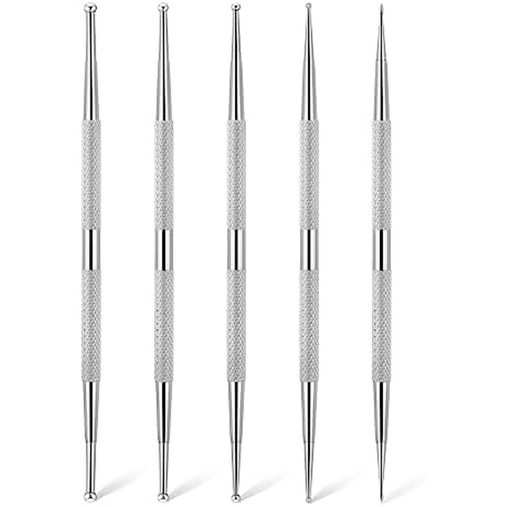 Mozeat Lens 5 piece 2 way dotting tools showcasing the complete stainless steel kit from a front perspective