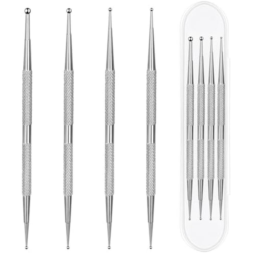 Mozeat Lens professional ball end nail art dotting tools front view showcasing four stainless steel dual ended styling pens