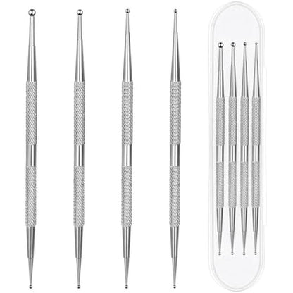 Mozeat Lens professional ball end nail art dotting tools front view showcasing four stainless steel dual ended styling pens
