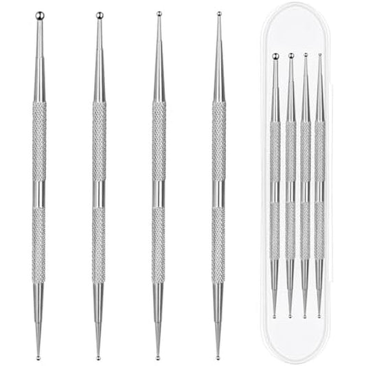 Mozeat Lens professional ball end nail art dotting tools front view showcasing four stainless steel dual ended styling pens