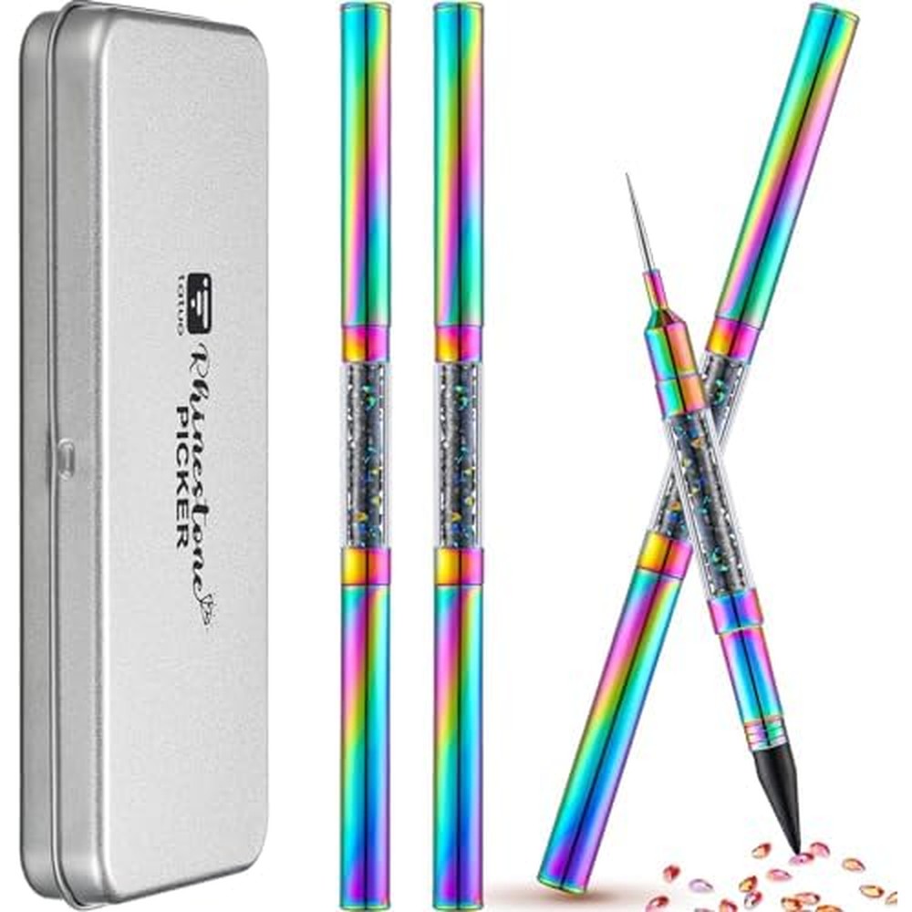 Tatuo rhinestone picker tool four pack front view featuring electroplated rainbow bodies