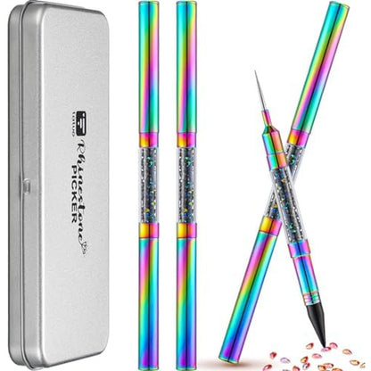 Tatuo rhinestone picker tool four pack front view featuring electroplated rainbow bodies