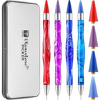 Tatuo Dual Ended Nail Rhinestone Picker Tool front view showing four colorful marbled acrylic gem pens inside a silver storage case.