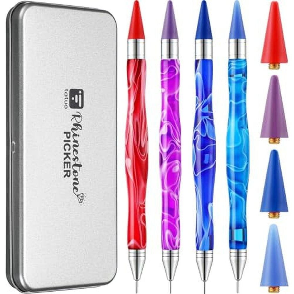 Tatuo Dual Ended Nail Rhinestone Picker Tool front view showing four colorful marbled acrylic gem pens inside a silver storage case.