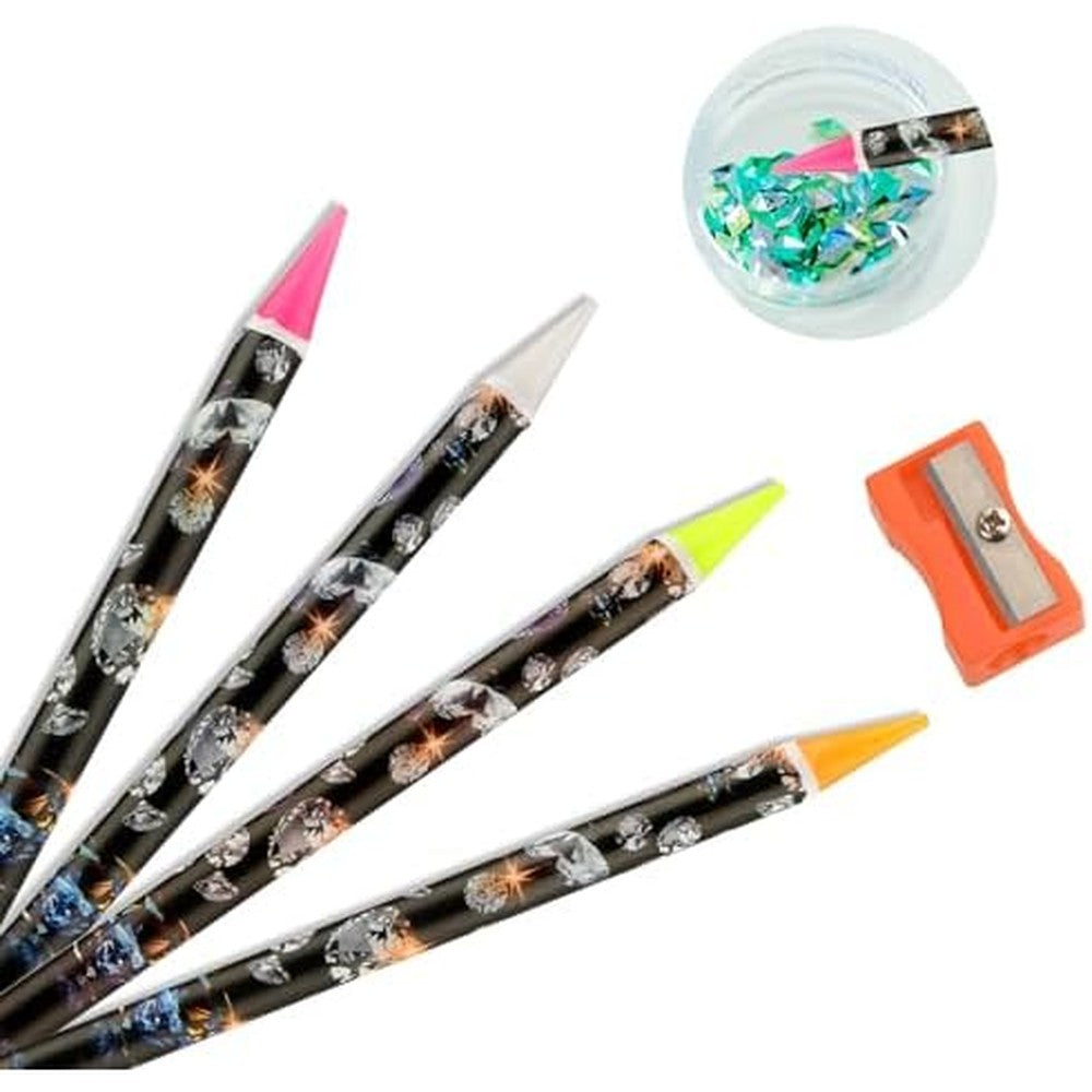 Telooco rhinestone picker tool front view showing four colorful wax pencils and the included sharpener.