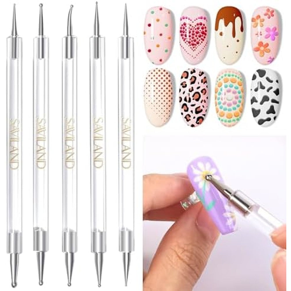 SAVILAND Quick Paint Dotting Tools Nail Art Pen five piece kit front view showcasing transparent handles and multi size tips.