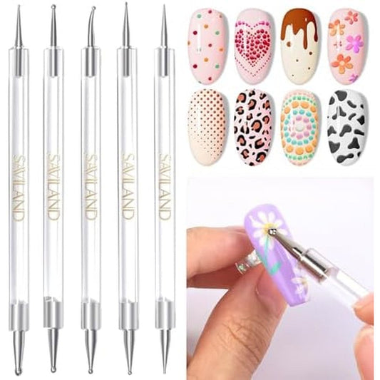 SAVILAND Quick Paint Dotting Tools Nail Art Pen five piece kit front view showcasing transparent handles and multi size tips.