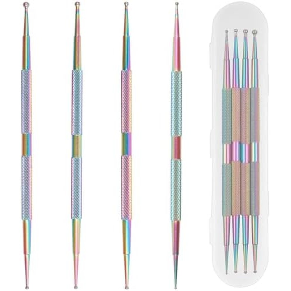 Saviland nail art dotting tool set front view showing four multi-colored stainless steel dual-ended pens
