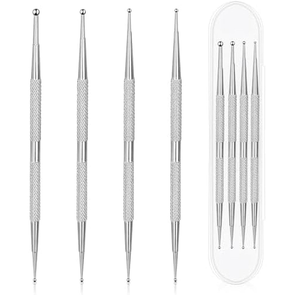 Shanrya Jeffdad professional double ended nail art dotting tool set front view showing four silver metal pens