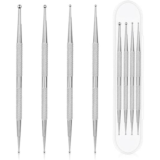 Shanrya Jeffdad professional double ended nail art dotting tool set front view showing four silver metal pens