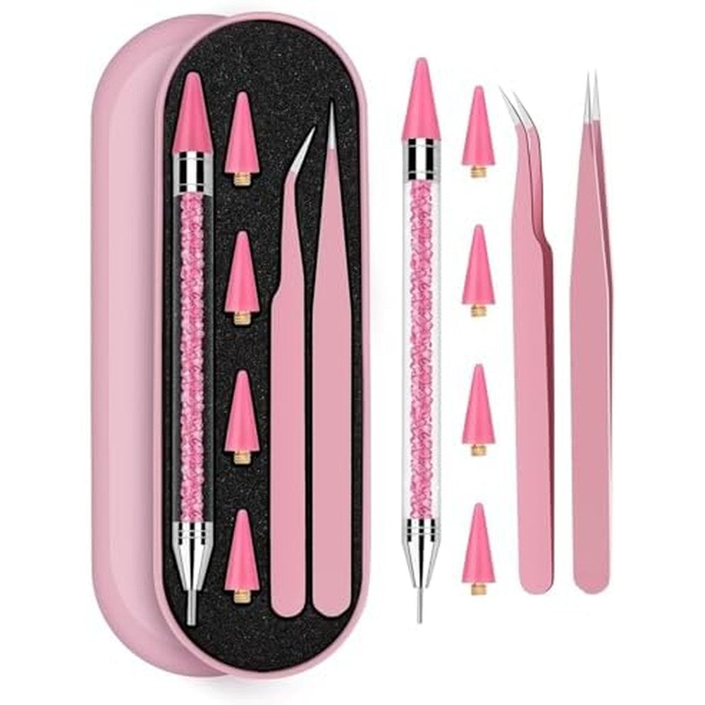 Difenni rhinestone picker tool set front view with pink case