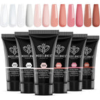 Modelones poly nail gel set front view showcasing the 6 color nude pink brown collection packaging