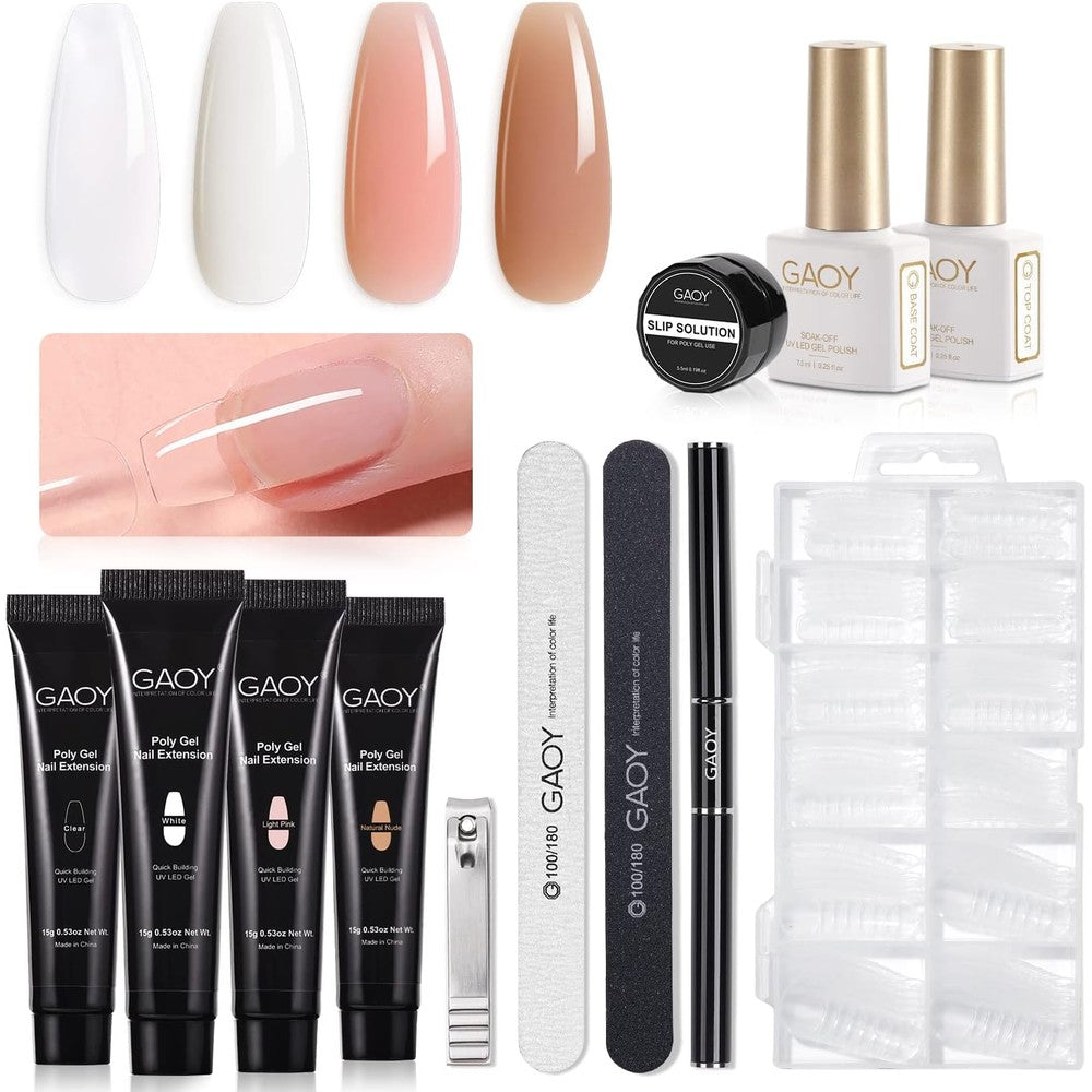 GAOY poly nail extension gel kit showing four tubes and manicure tools