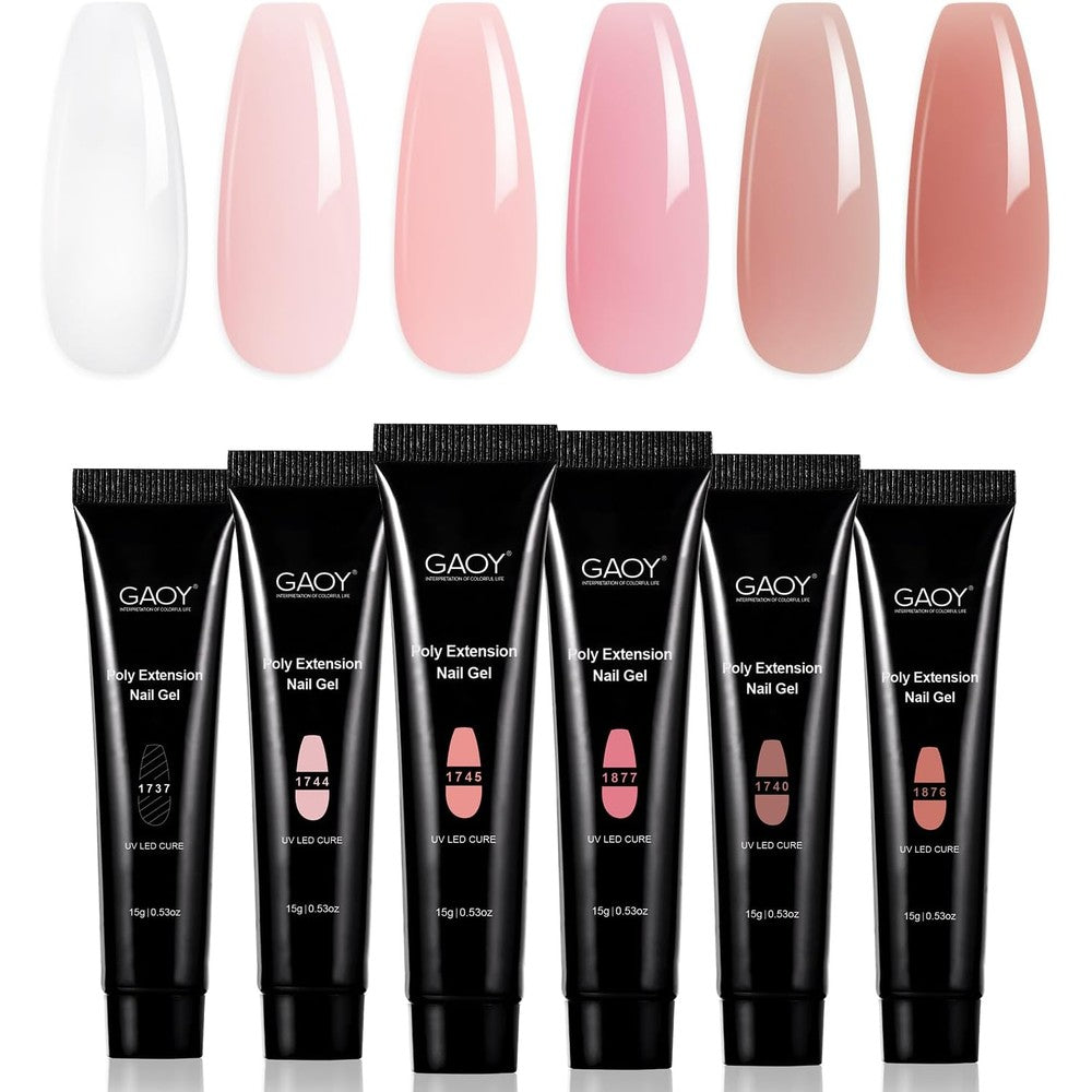 GAOY poly gel set featuring six tubes of pinkish nude and clear builder gel colors