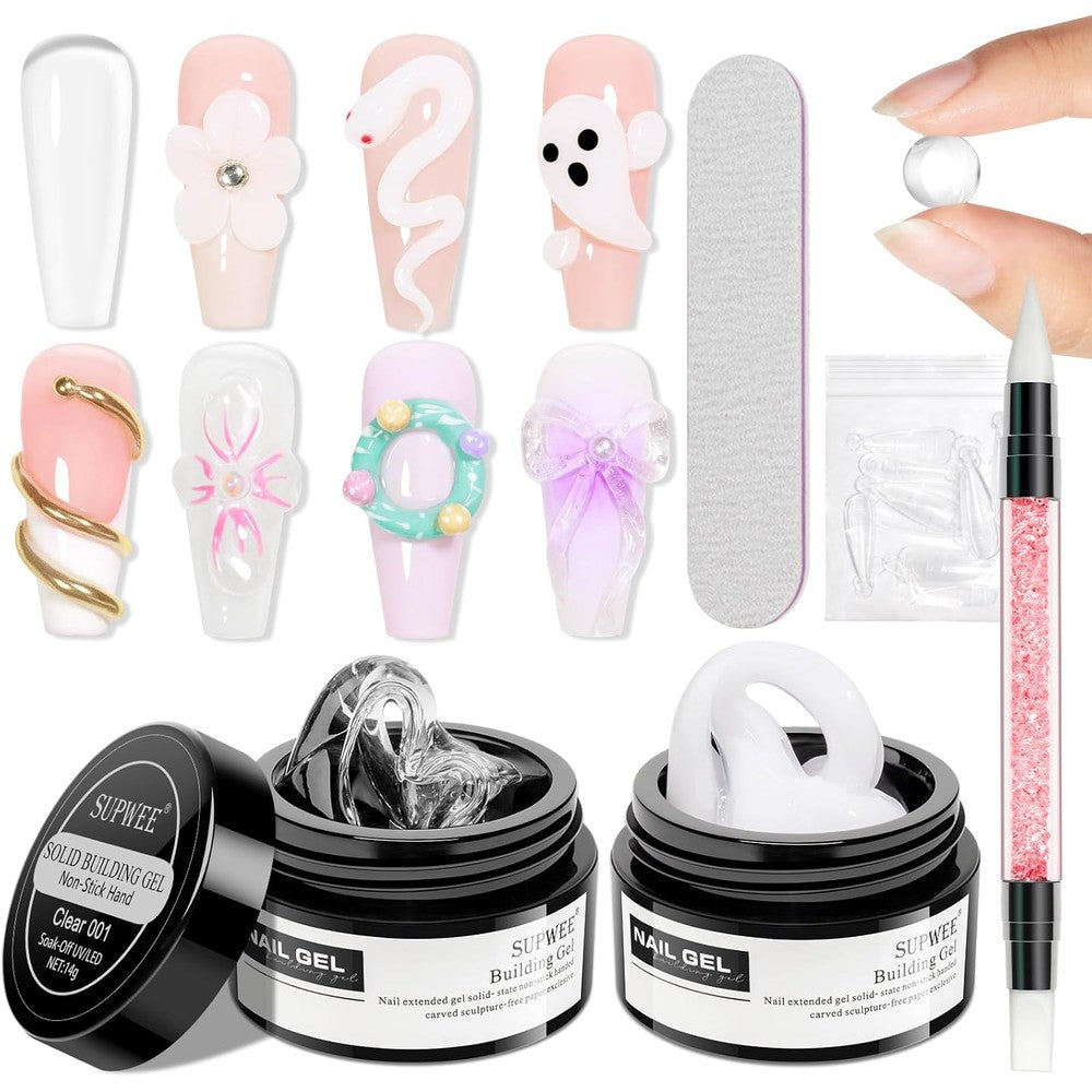 Supwee 3D Nail Art Solid Builder Gel Clear And White Non-Stick Sculpting Hard Gel With Dual Forms For DIY Manicure 14 Grams - Image 1