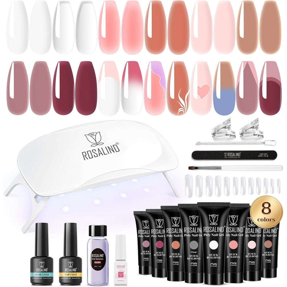 Rosalind poly nail gel kit front view with lamp and 8 colors