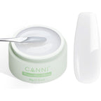 Canni builder gel front view showing milky white jar packaging and professional nail care branding.