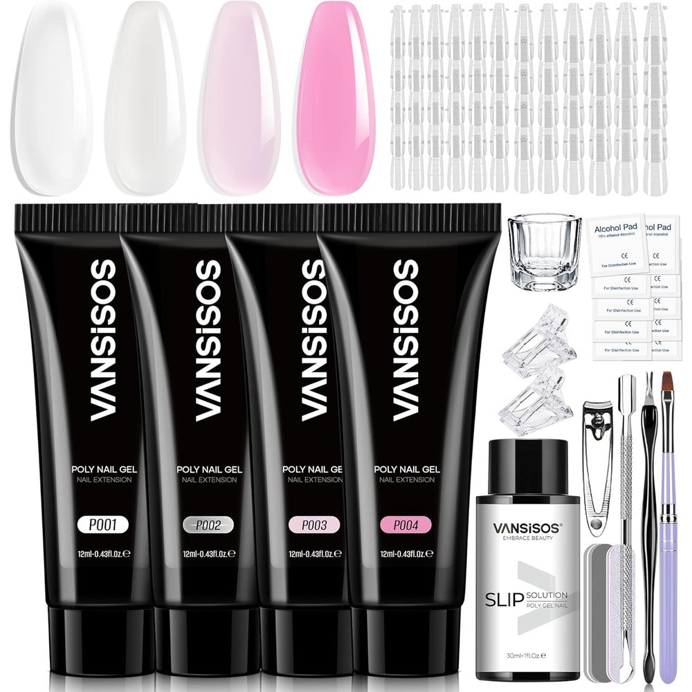 Vansisos Poly Nail Gel Kit front view featuring 4 color gel tubes and tools
