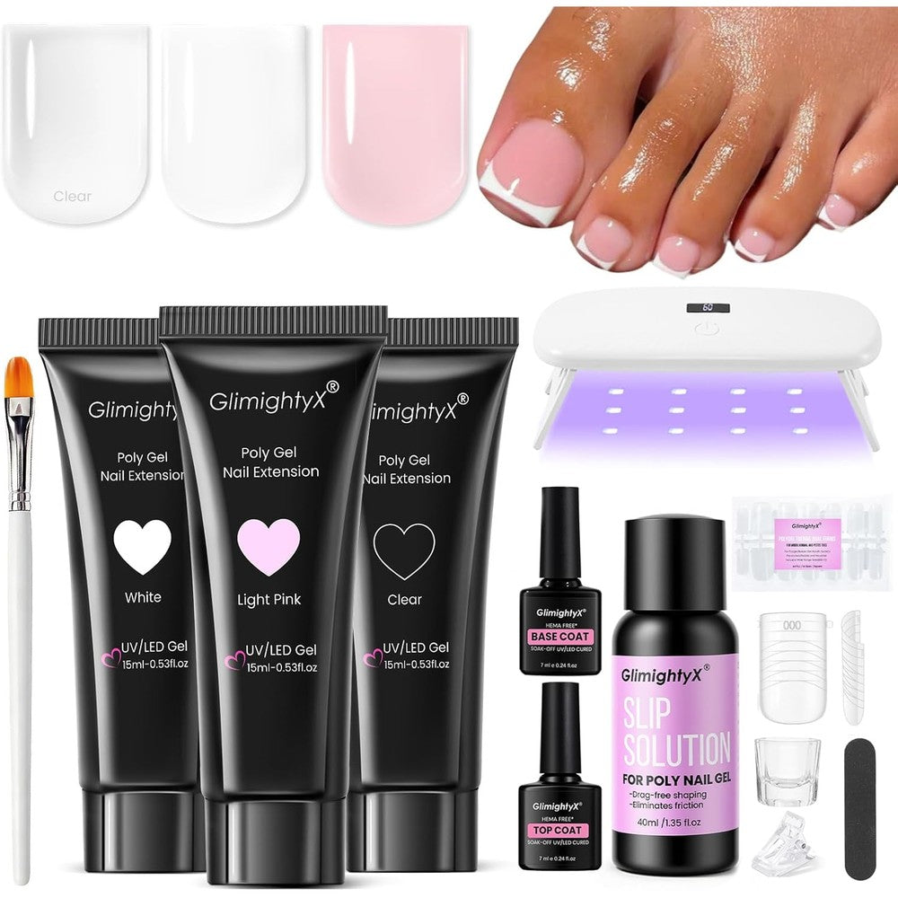 GlimightyX poly gel nail kit for toes front view including UV lamp