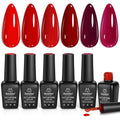 Beetles gel polish set front view showcasing six red bottles