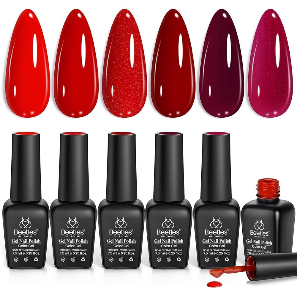Beetles red gel polish set 6 colors front view