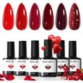 Modelones gel nail polish kit front view showcasing 6 red and burgundy bottles in packaging