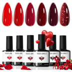 Modelones gel nail polish kit front view showcasing 6 red and burgundy bottles in packaging