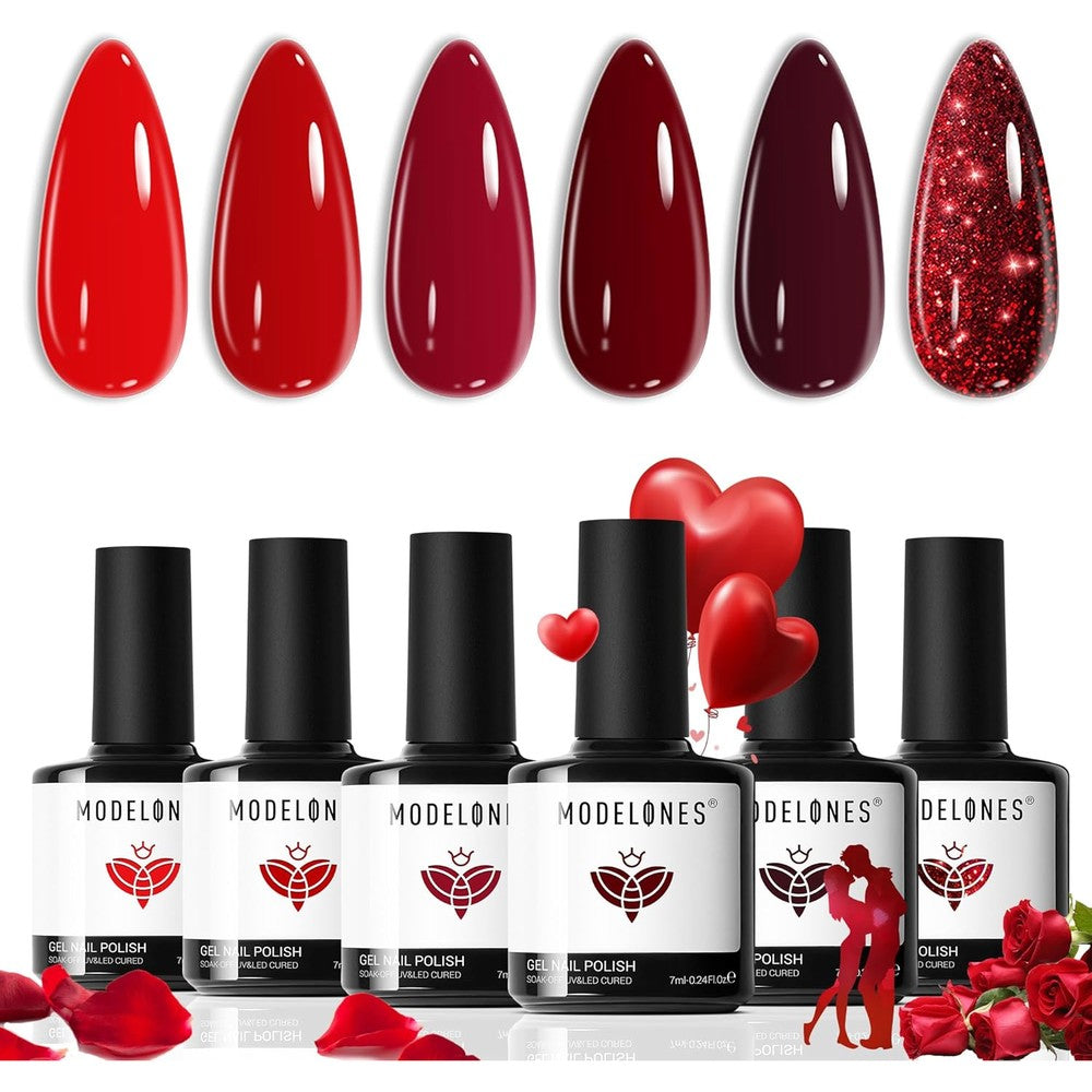 Modelones 6-color red gel nail polish kit front packaging