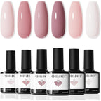 Modelones gel nail polish set front view showcasing all six nude and pink bottles.