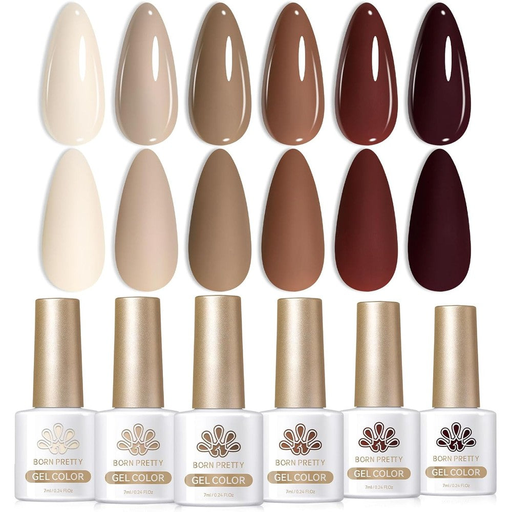 Born Pretty 6 piece nude brown gel nail polish set front view